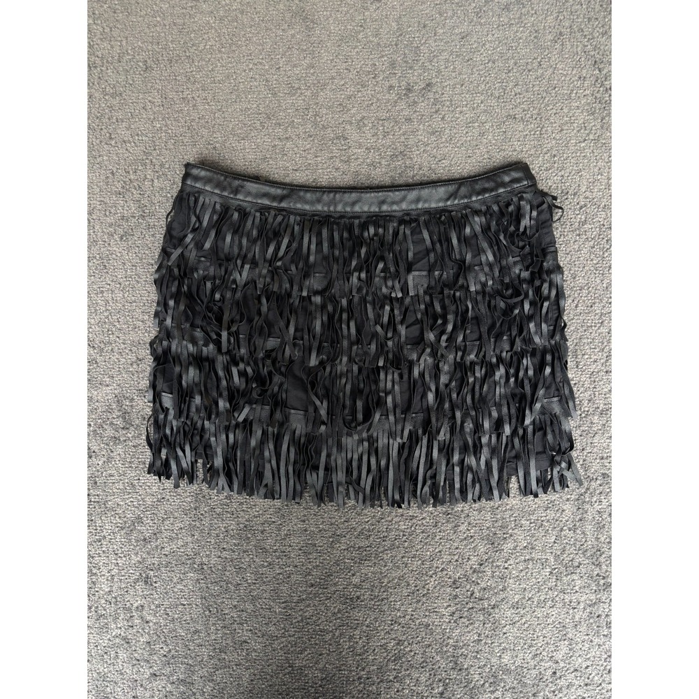 Cowgirl Justice Leather Skirt Womens Medium Black Fringe Elastic Waist Pull On